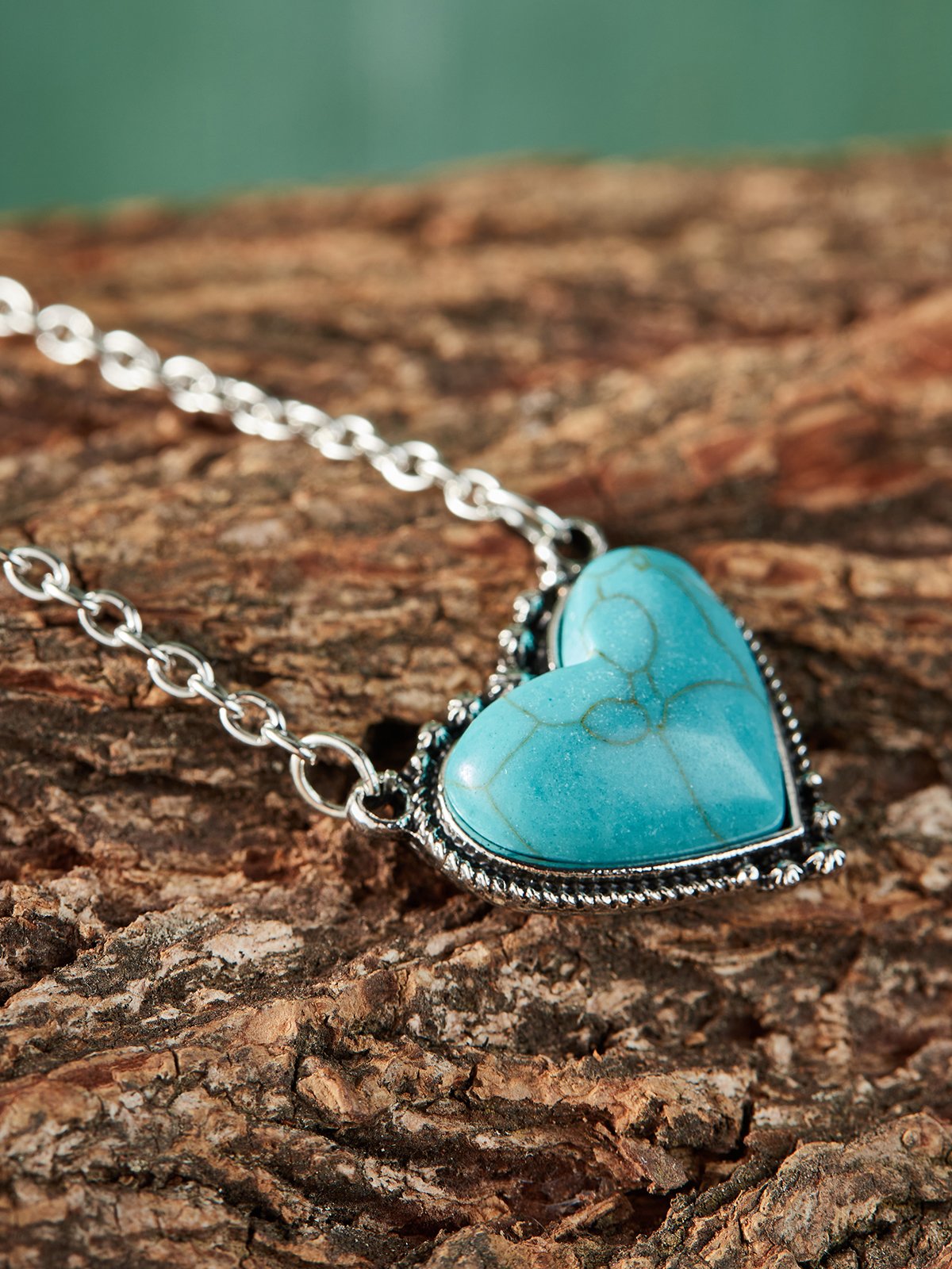 Boho Natural Turquoise Heart Pattern Necklace Sweater Chain Ethnic Vintage Jewelry