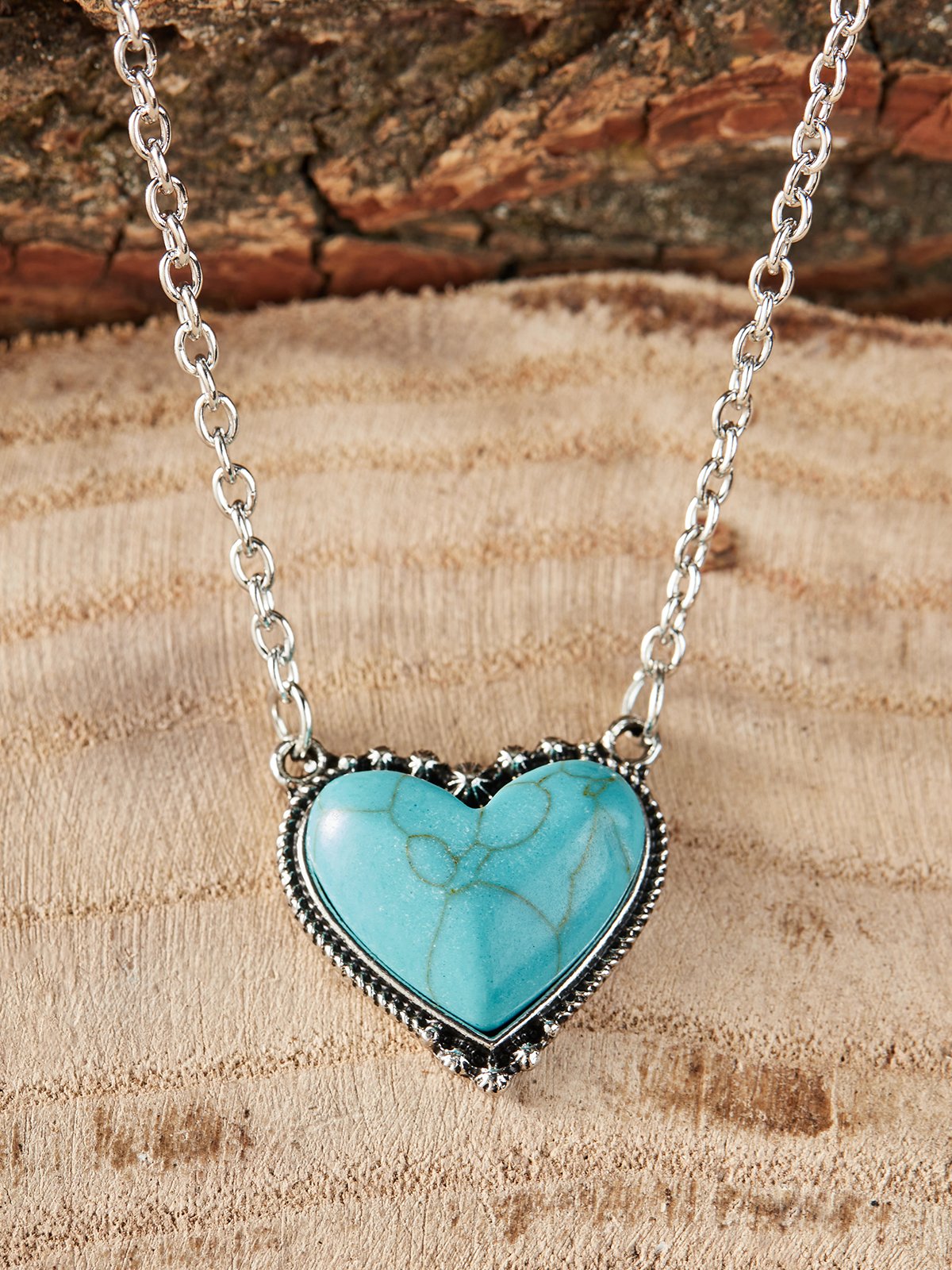 Boho Natural Turquoise Heart Pattern Necklace Sweater Chain Ethnic Vintage Jewelry