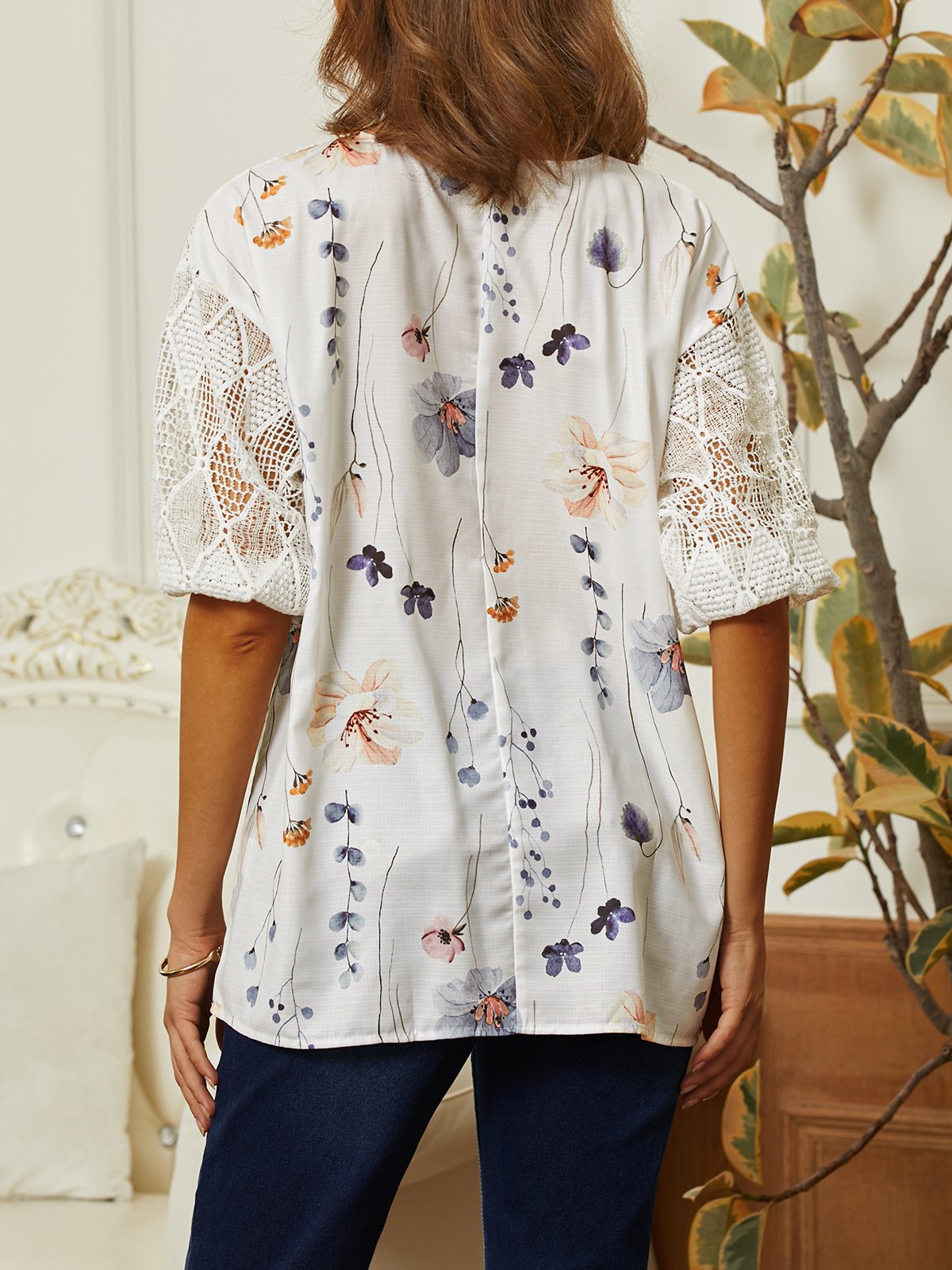Floral Linen Linen Loose Shirt