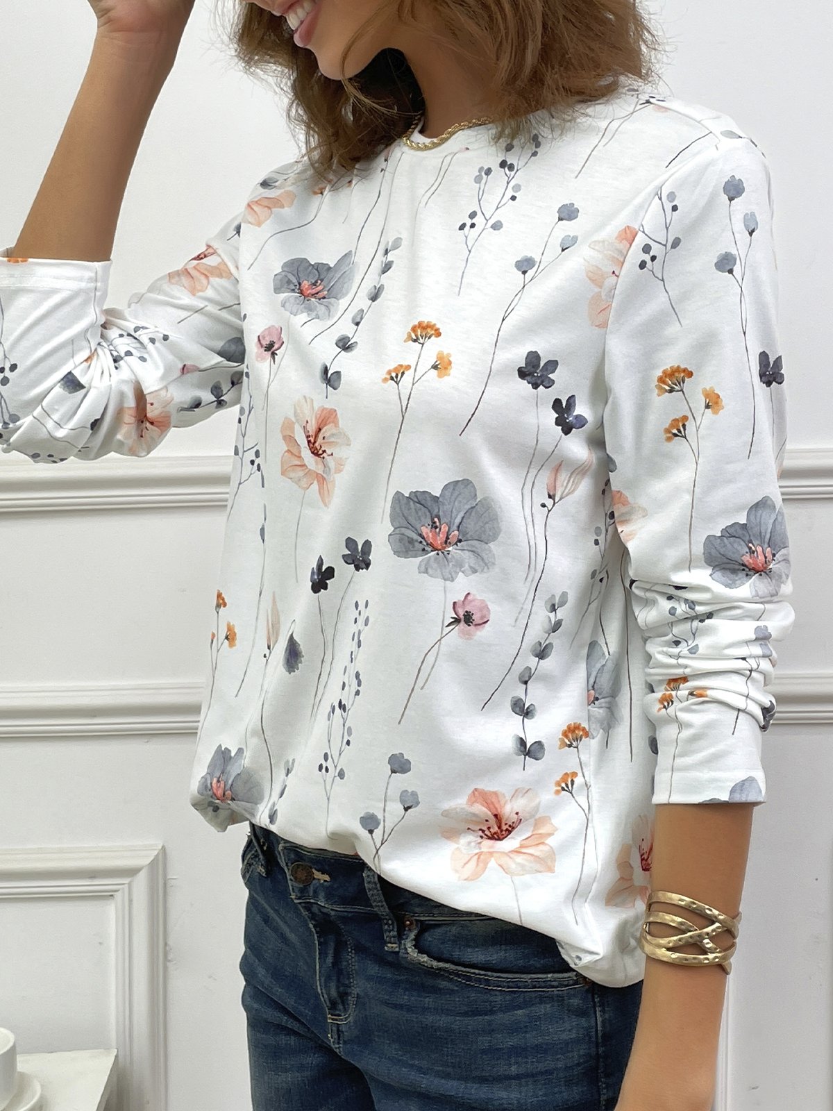 Women Casual Floral Crew Neck Long Sleeve Top