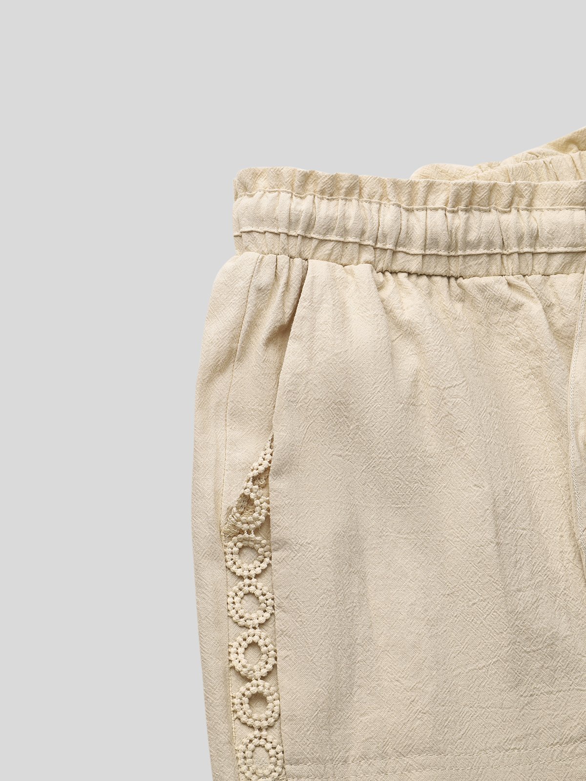 Women Casual Plain Loose Elastic Waist Hollow Out Lace Pockets Pants