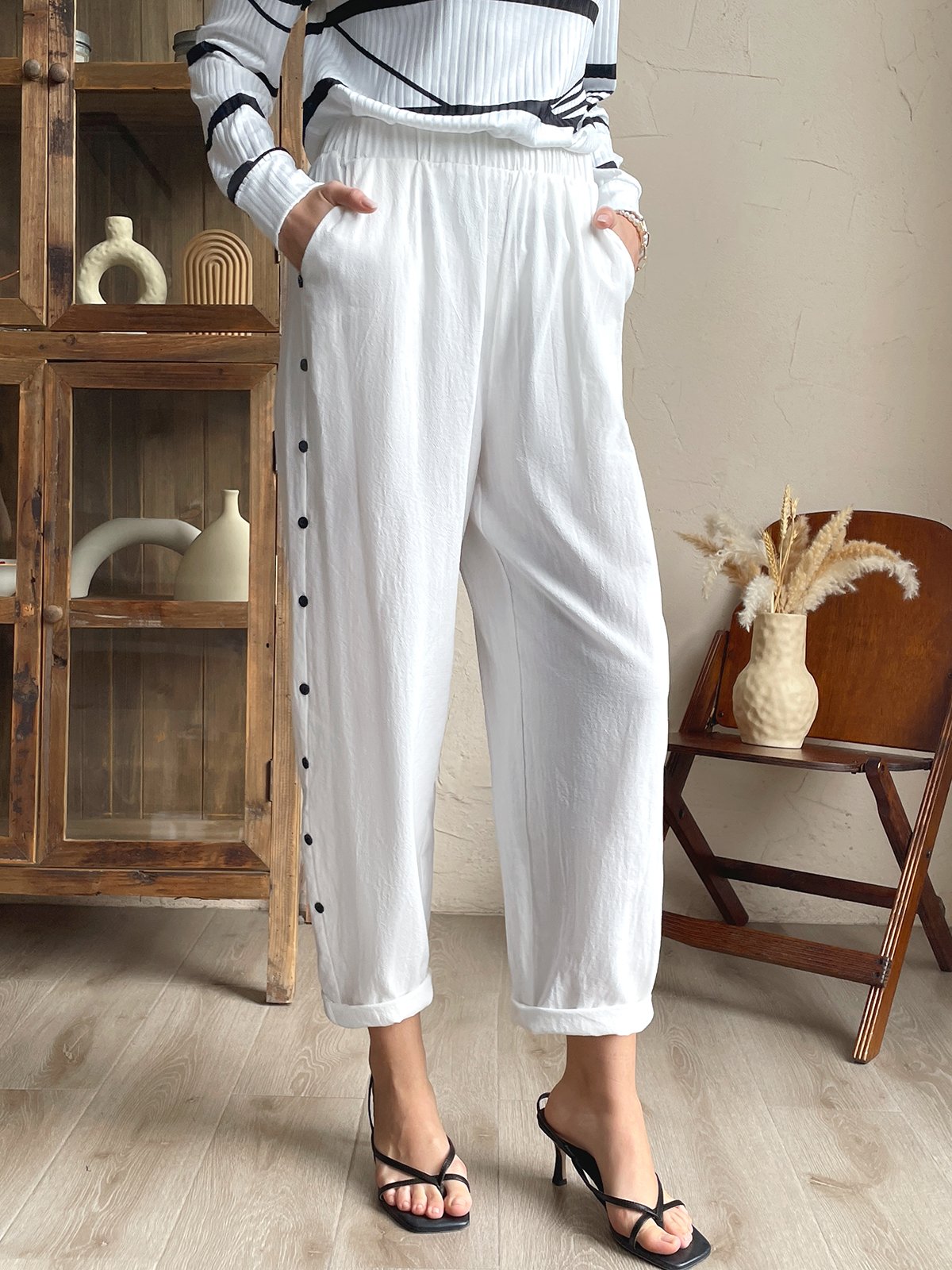 Women's Linen Pants Causal Trousers Baggy Button Desgin Pant Full Length Cotton And Linen Side Pockets Baggy