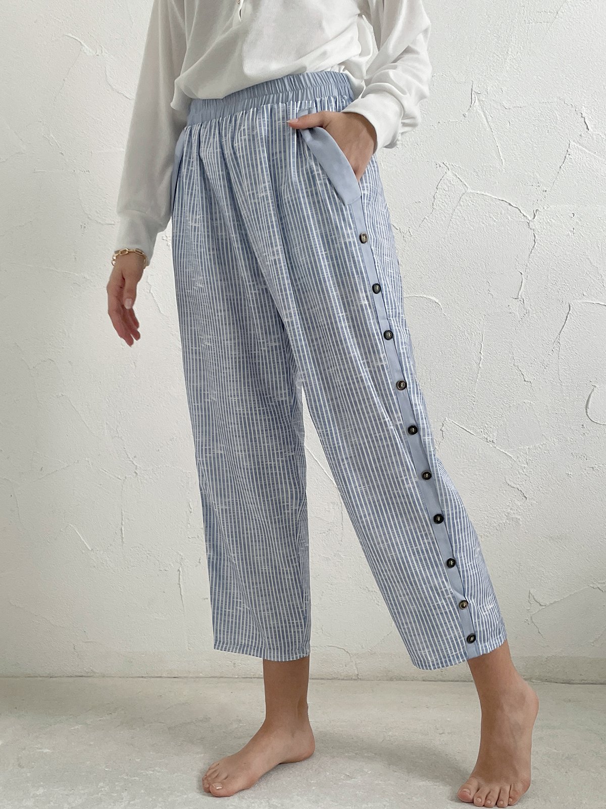 Women Striped Casual Pockets Button Loose Pants