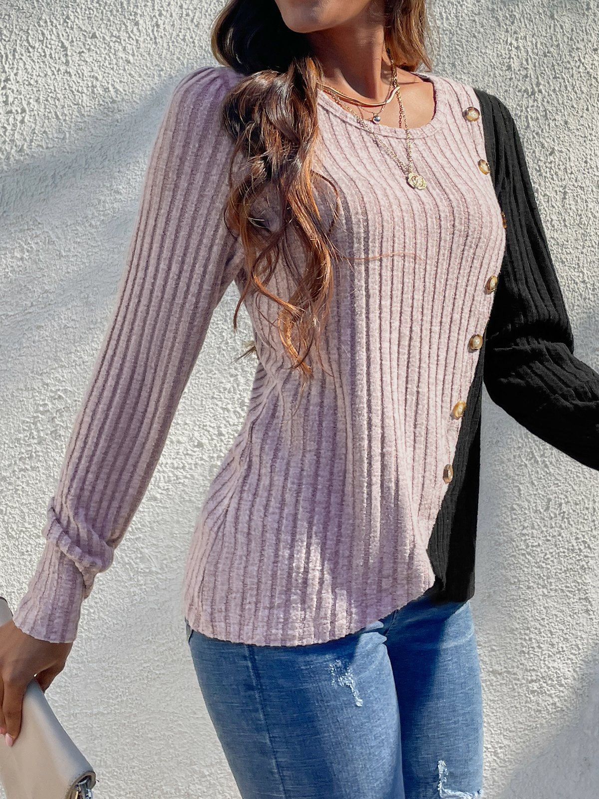 Crew Neck Color Block Casual Loose Shirt