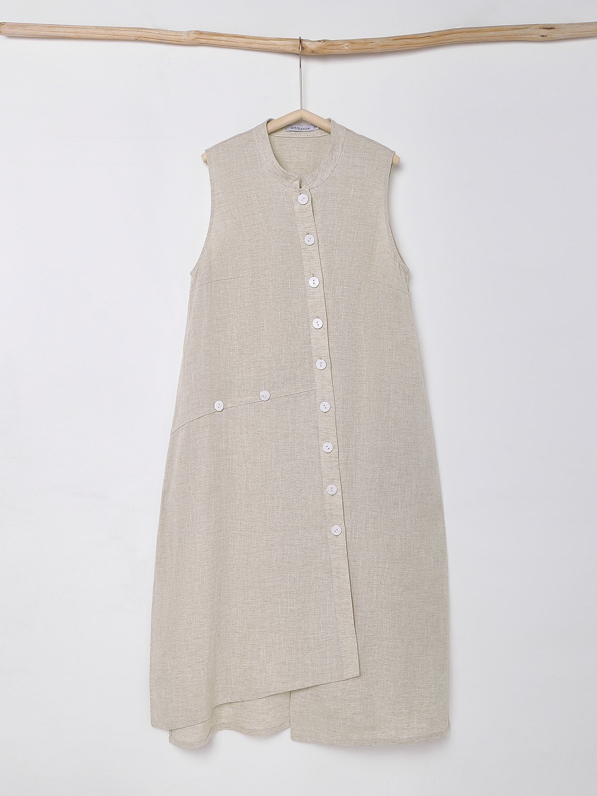 Stand Collar Linen Loose Dress With No