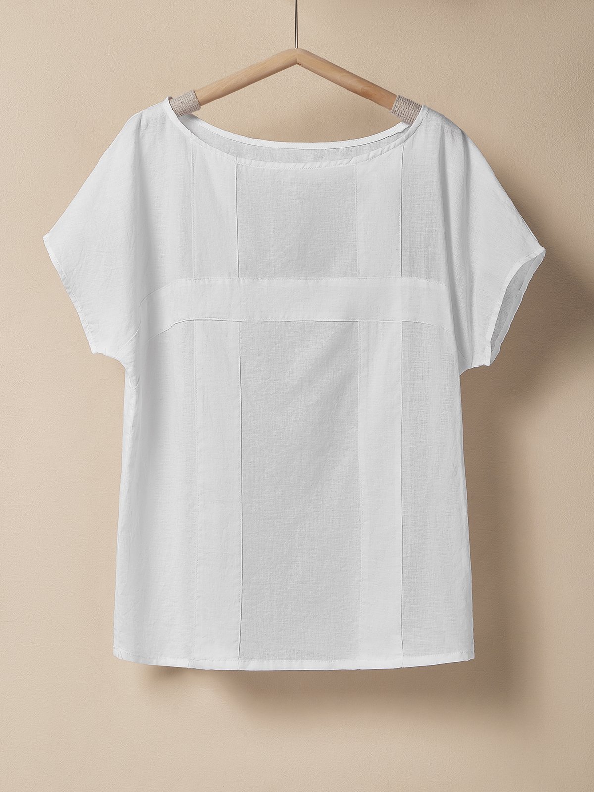 Women Plain Crew Neck Linen Short Sleeve T-shirt