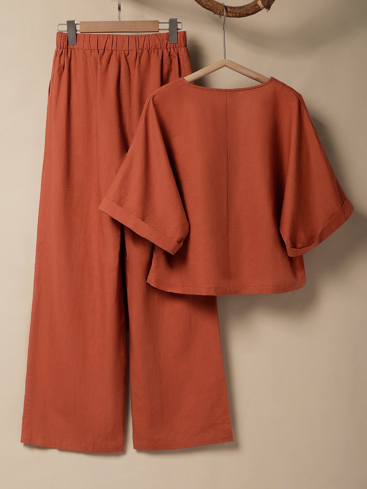 Cotton And Linen Crew Neck Linen Plain Two-Piece Set