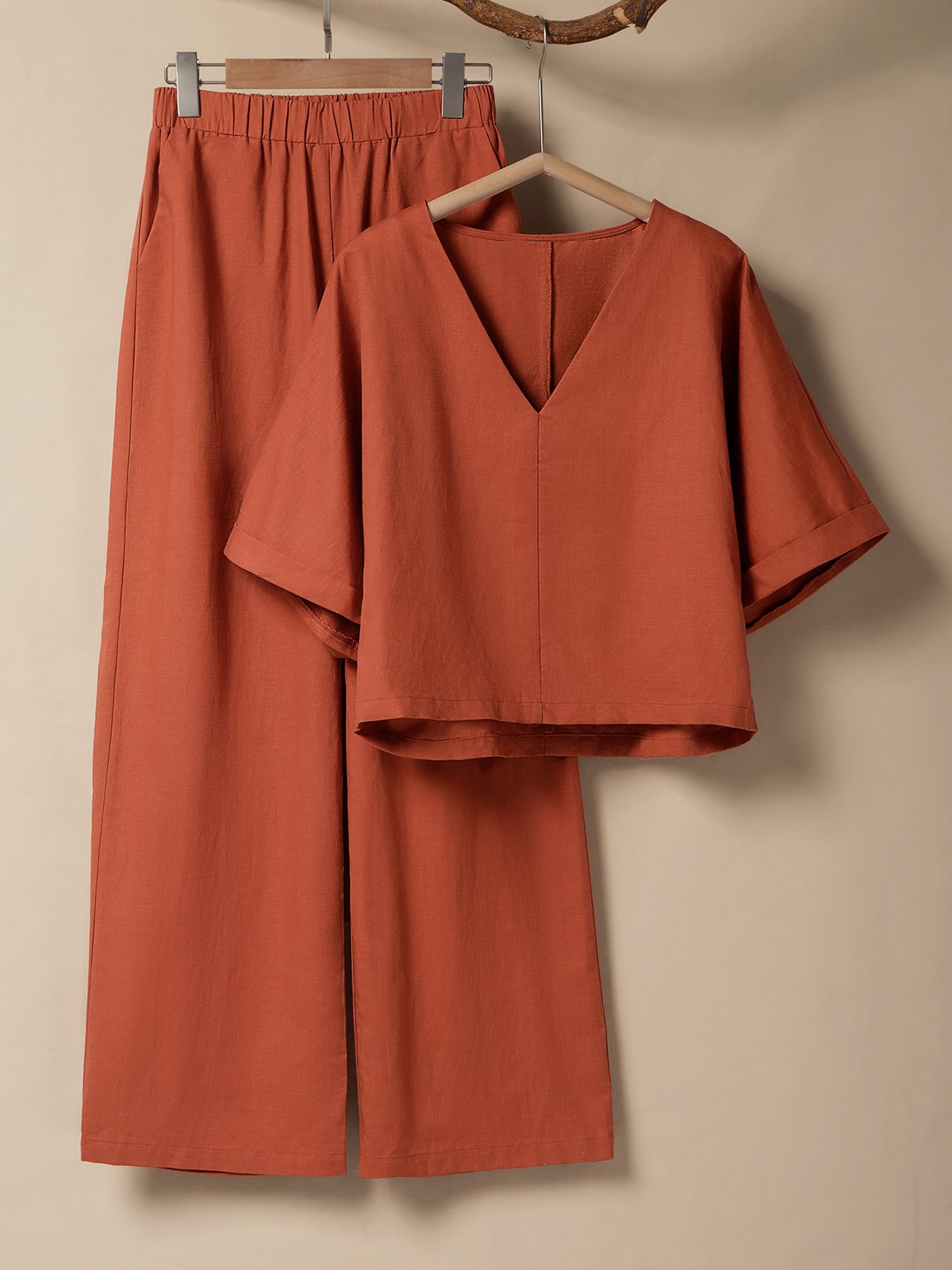 Cotton And Linen Crew Neck Linen Plain Two-Piece Set