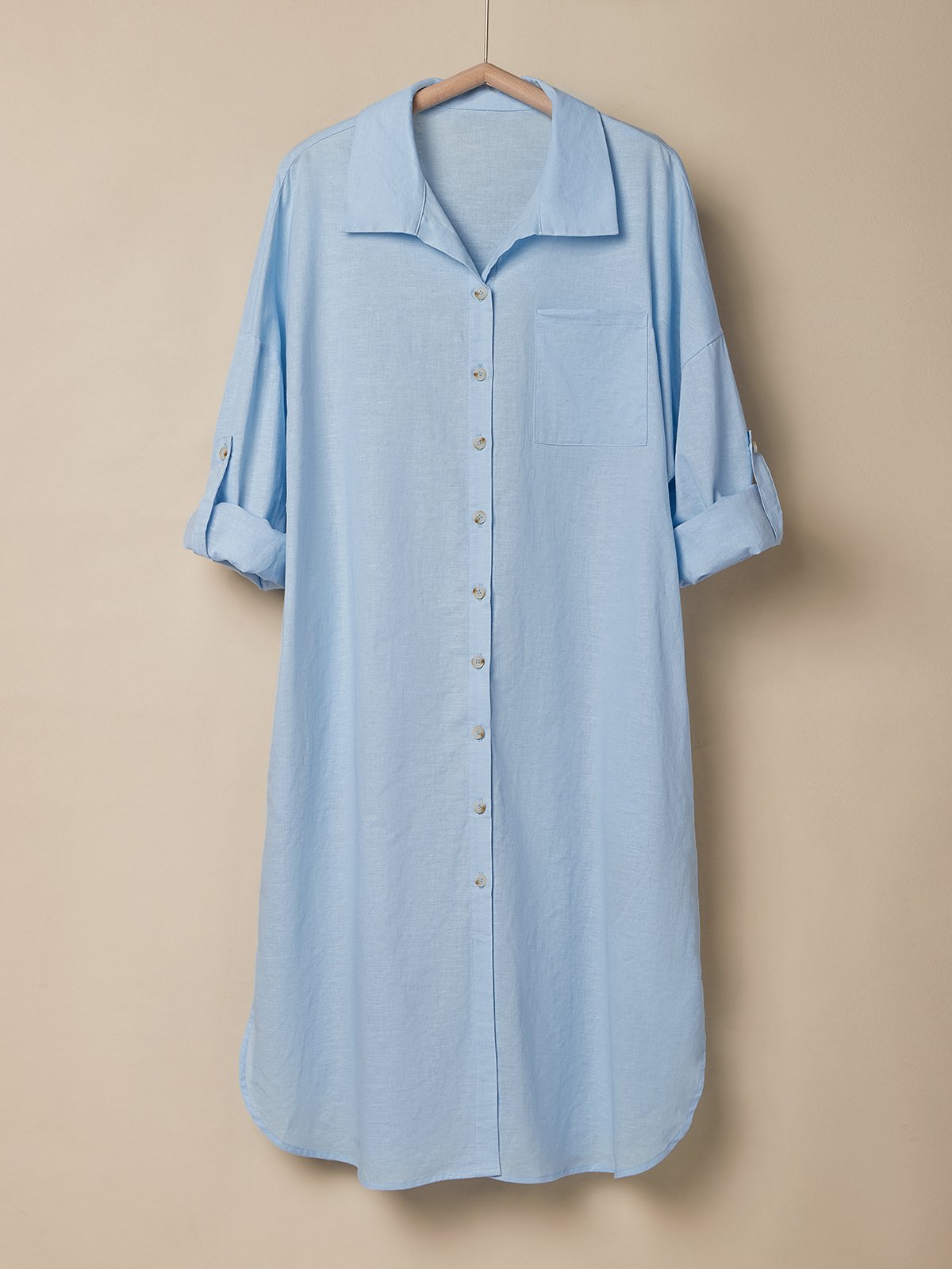 Casual Plain Shirt Collar linen-cotton Midi Dress