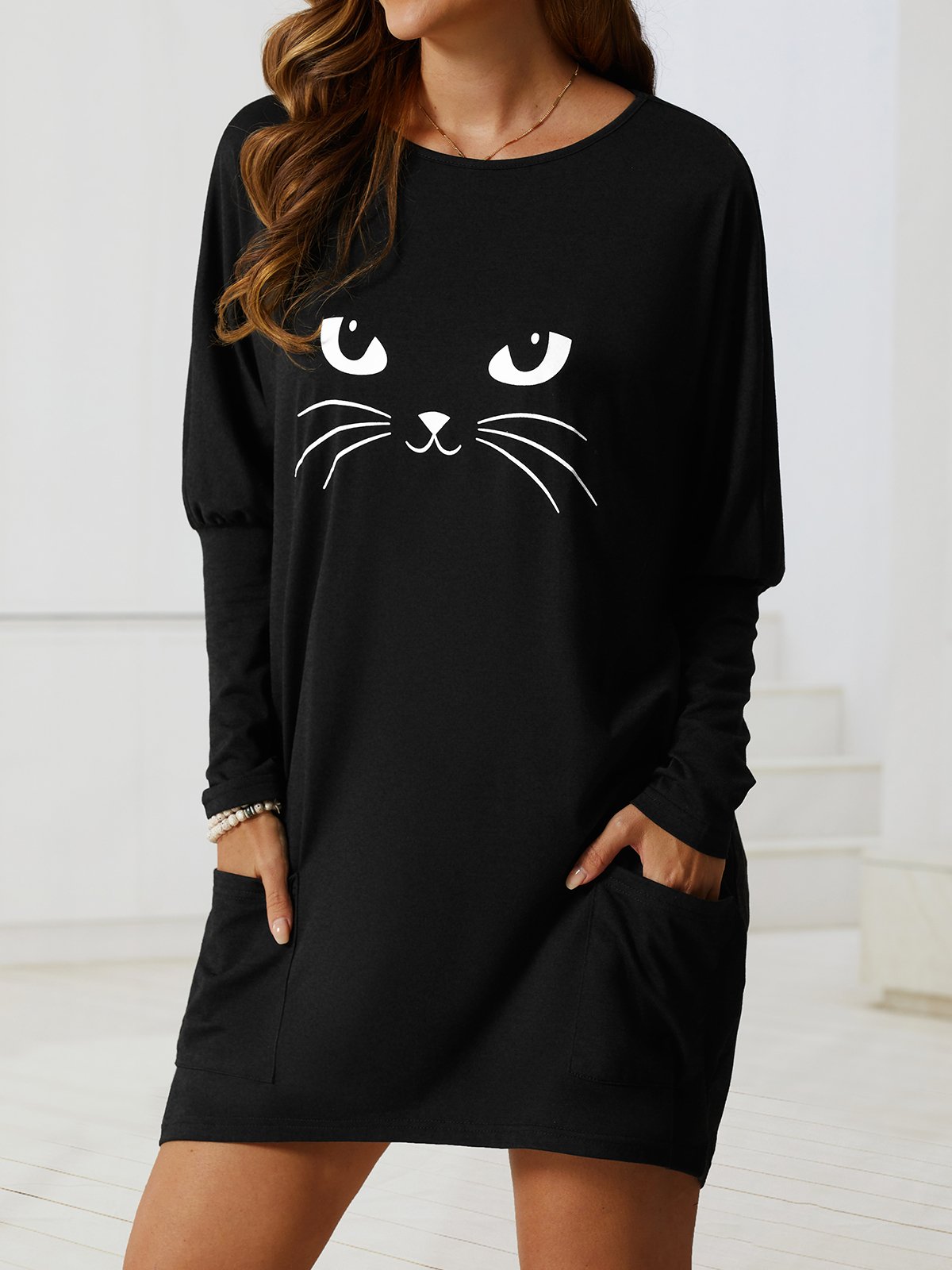 Casual Cat Autumn High Elasticity Daily Loose Long sleeve Crew Neck Regular T-shirt for Women
