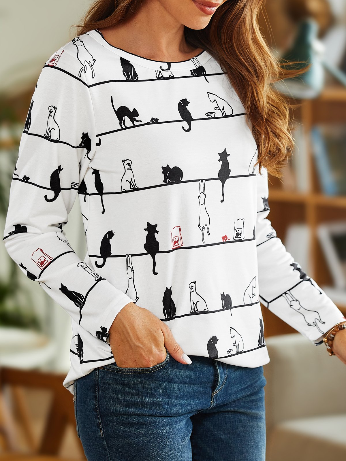 Women Casual Cute Cat Crew Neck Long Sleeve Shirt & Top