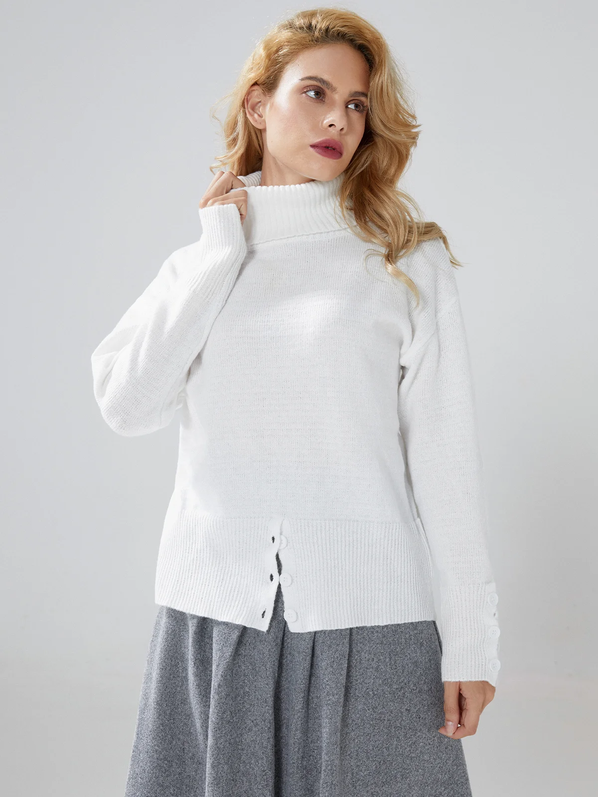 White Daily Long sleeve Turtleneck Regular Fit  Sweater