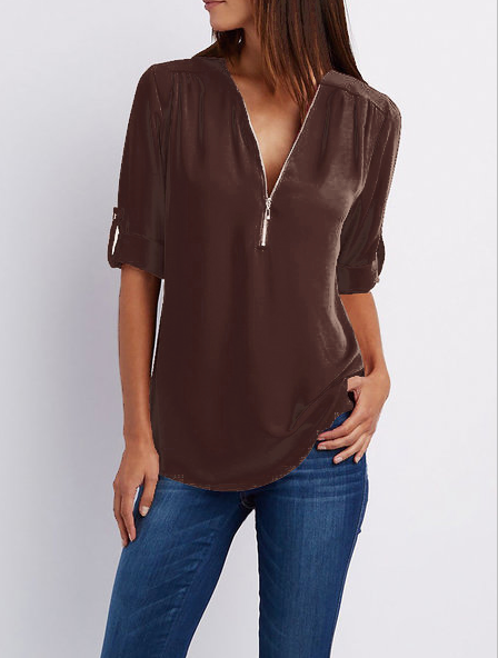 Zipper High Low Half Sleeve Casual Top blouse