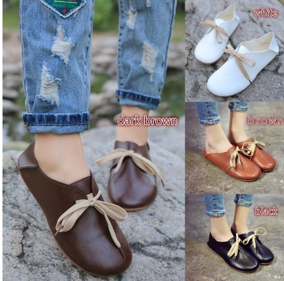 2019 Women Casual Comfort Flats Shoes Lace Up Shoes Leather Students Loafers