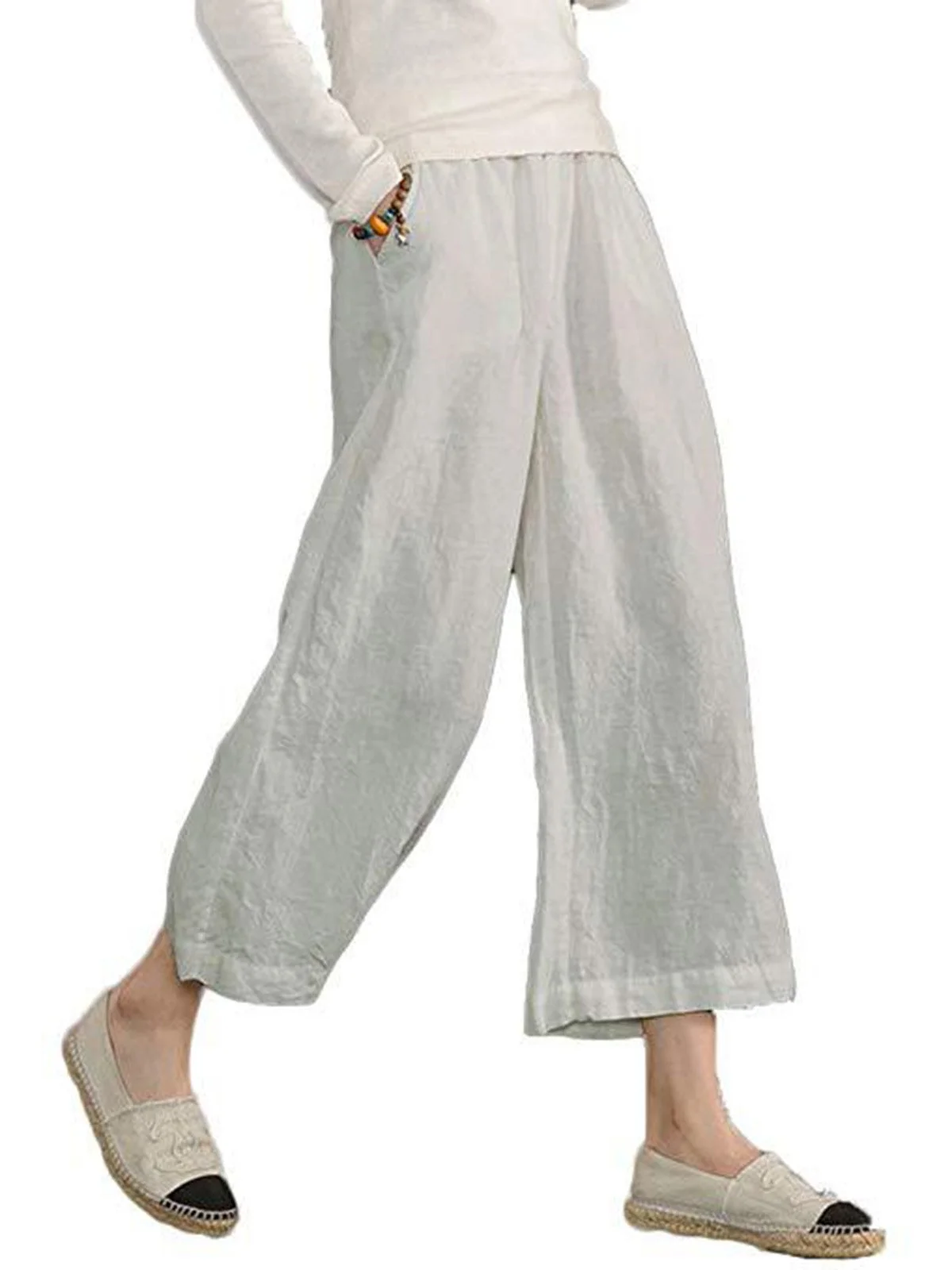 Womens Casual Loose Pockets Elastic Waist Cotton Linen Trousers Cropped ...