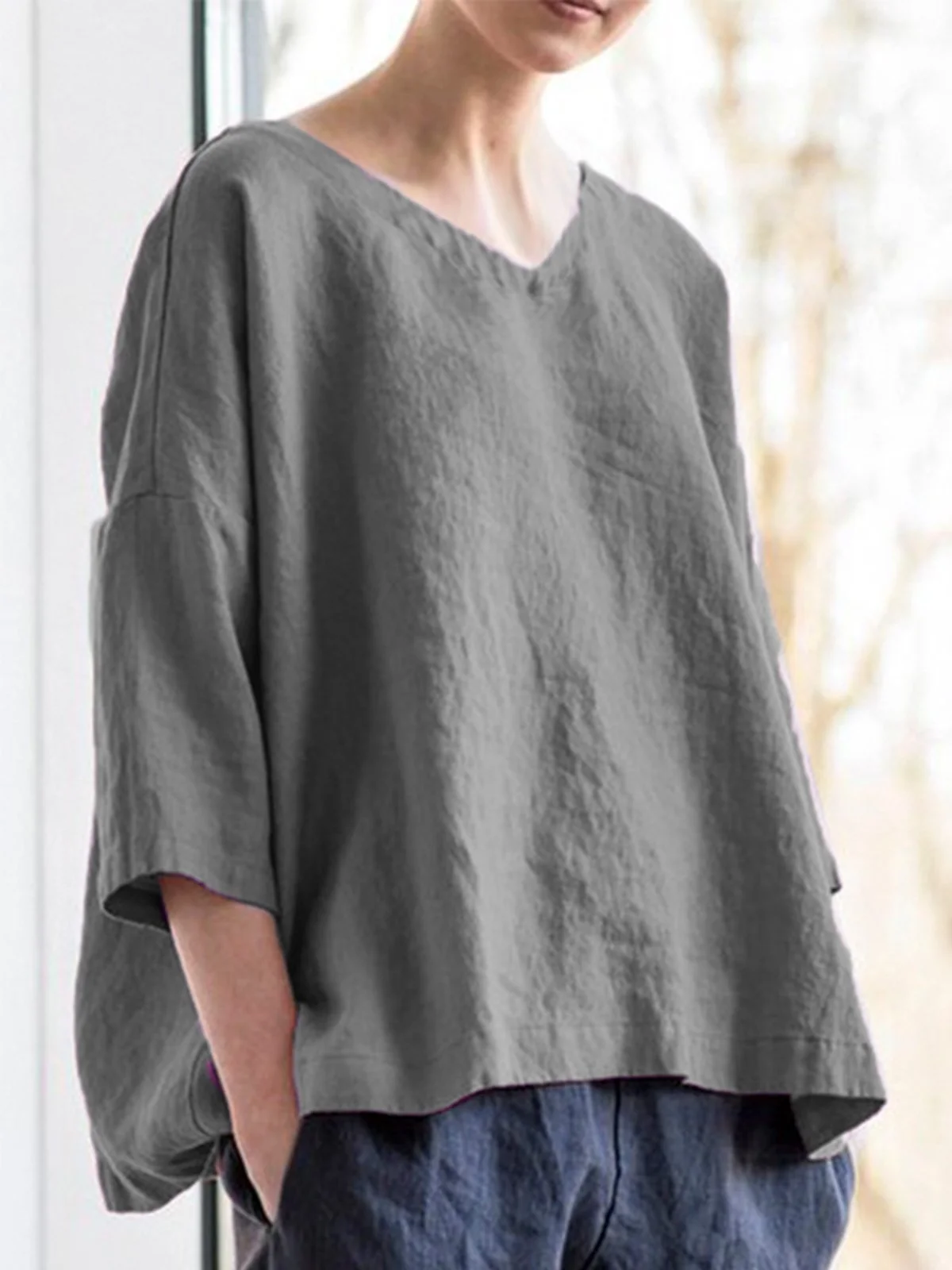 Women Casual Top V Neck Asymmetrical Long Sleeve Cotton Shirt | roselinlin