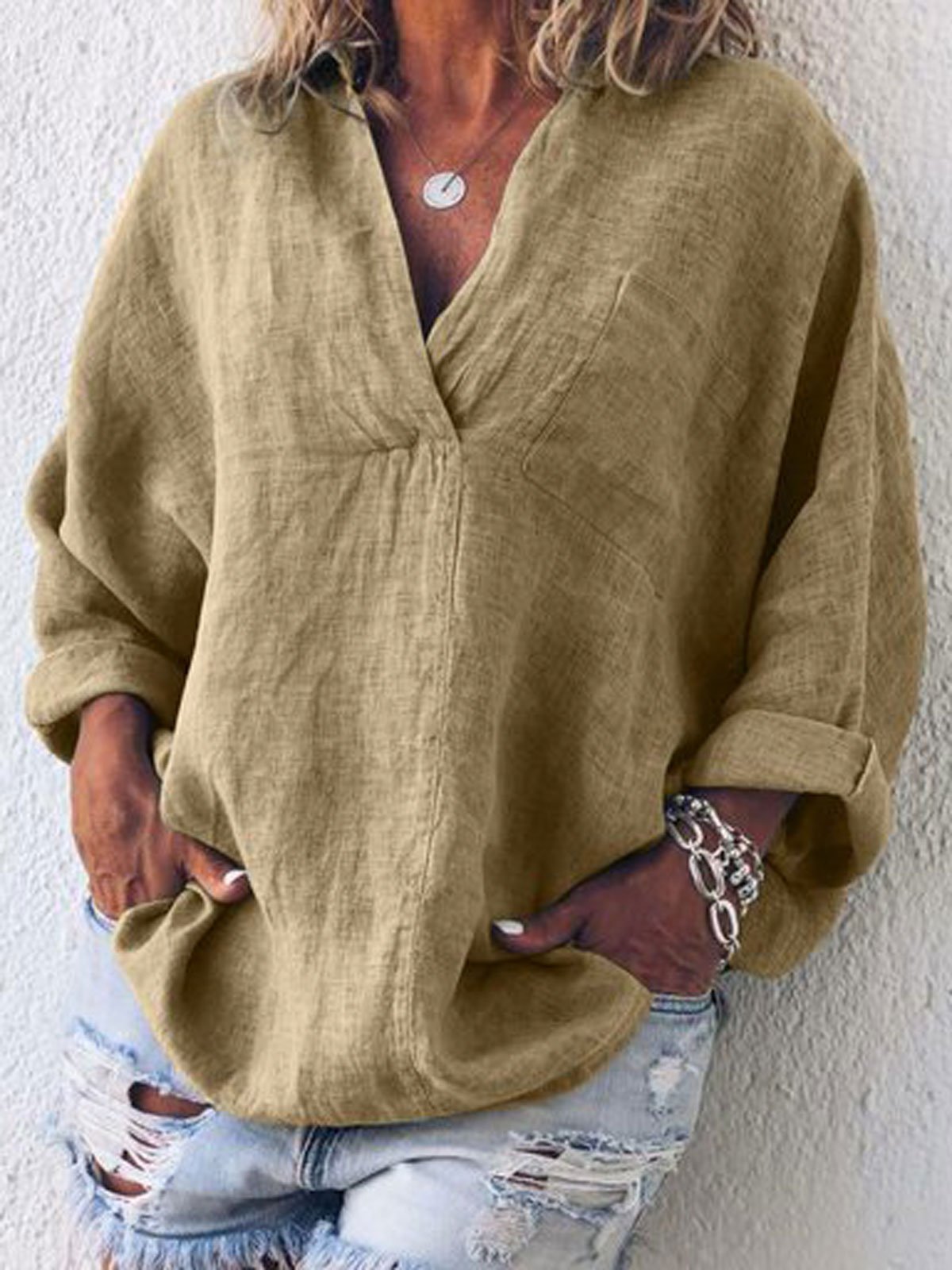 Women's Shirt Blouse Linen Cotton V Neck Casual Plain Pockets Long Sleeve Blouse