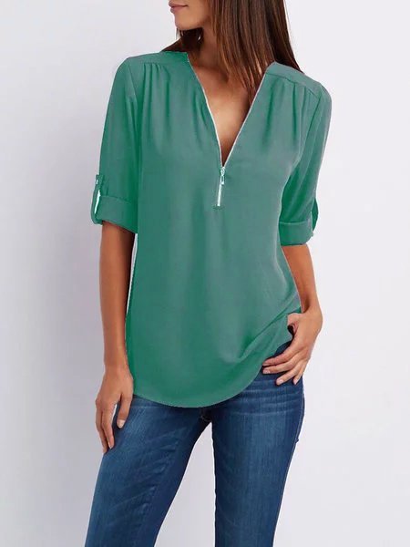 Zipper High Low Half Sleeve Casual Top blouse