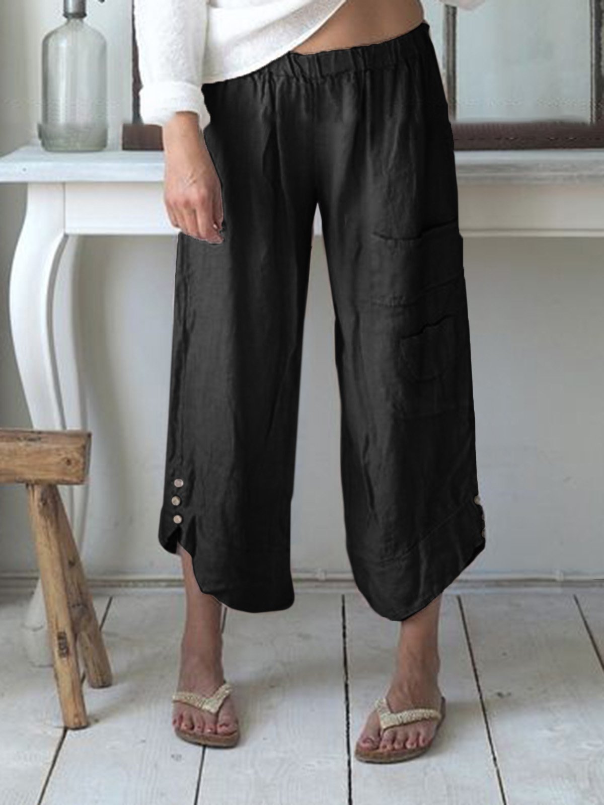 Women's Pants Linen Cotton Casual Solid Pockets Pants Plus Size Daily Shift Cotton Buttoned Solid Pockets Pants