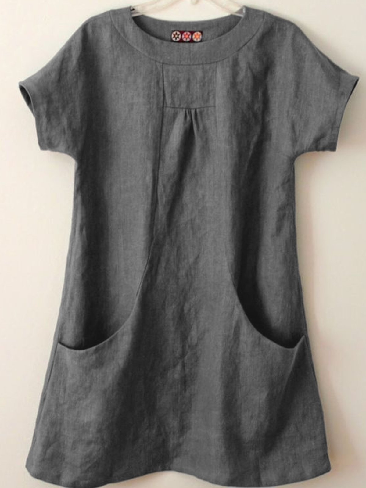 Women's Blouse Cotton Linen Plain Colour Round Neck Pockets Linen Tunic Top