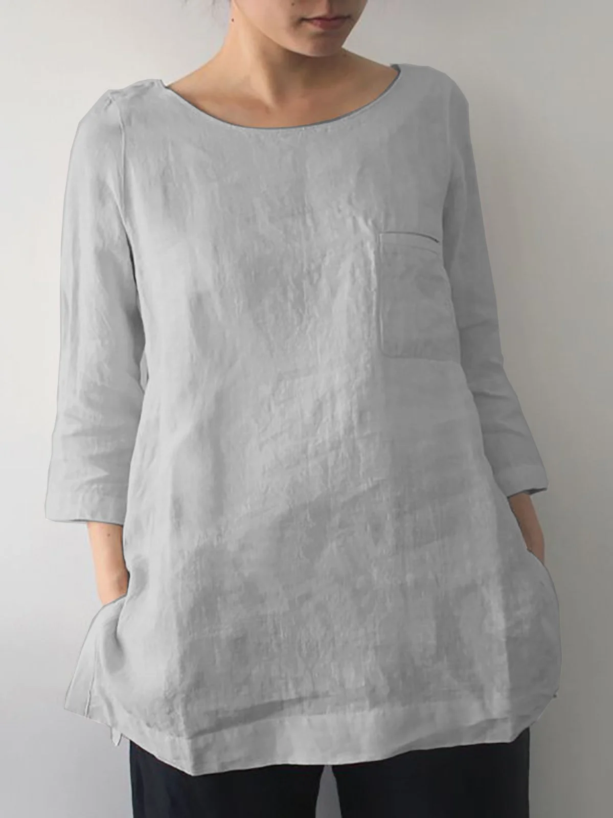 Women's Shirt Blouse Linen Plain White Casual Basic Round Neck LongSleeve Linen and Cotton Tunic