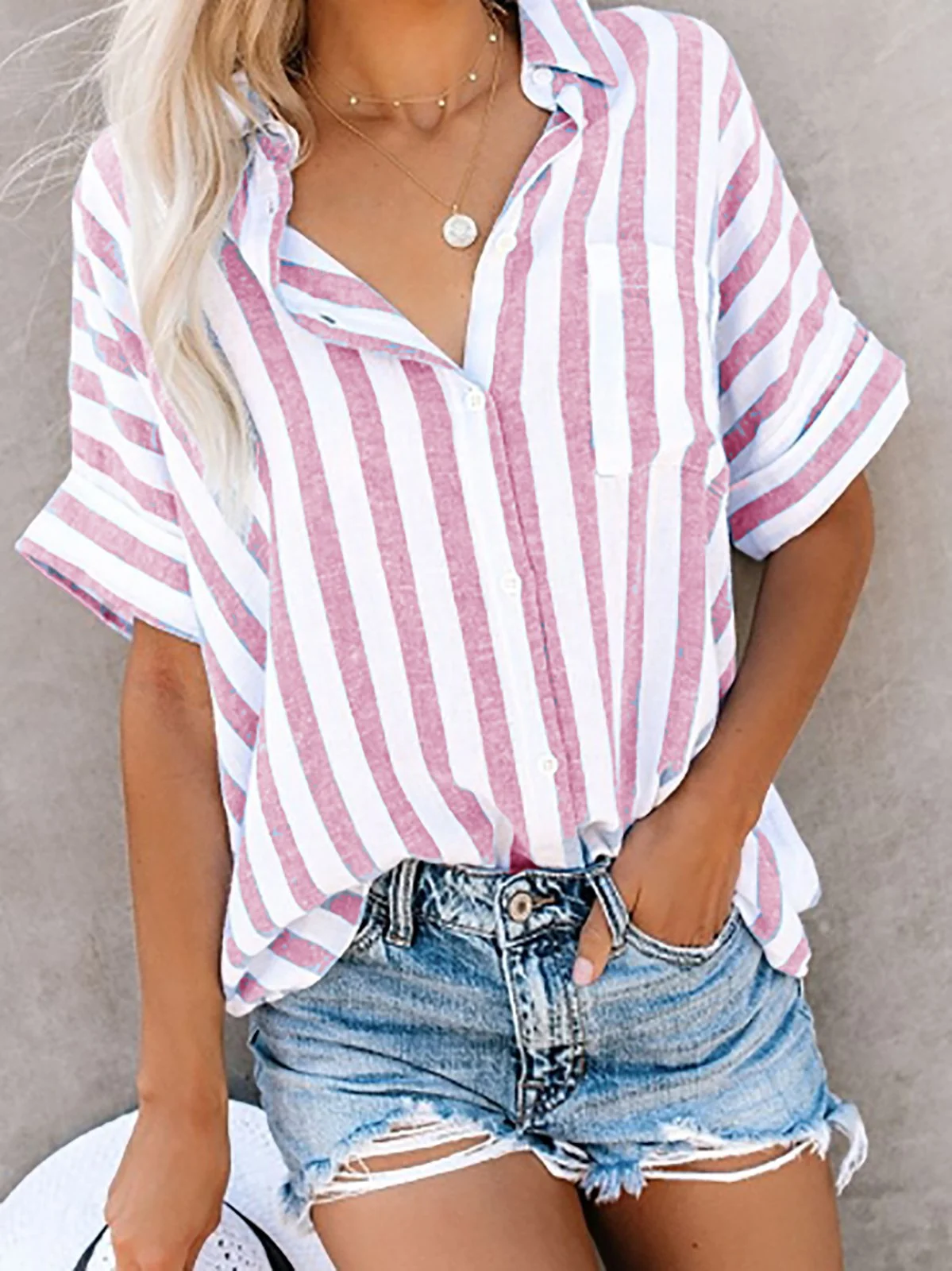 Cotton Buttoned Short Sleeve Striped Top | roselinlin
