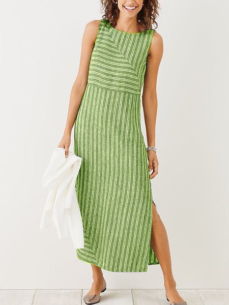 Women Casual Plus Size Stripe Crew Neck Sleeveless Split Summer Maxi Dress