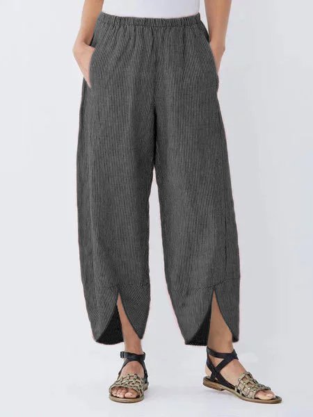 Women Casual Shift Cotton Linen Striped Pockets Pants