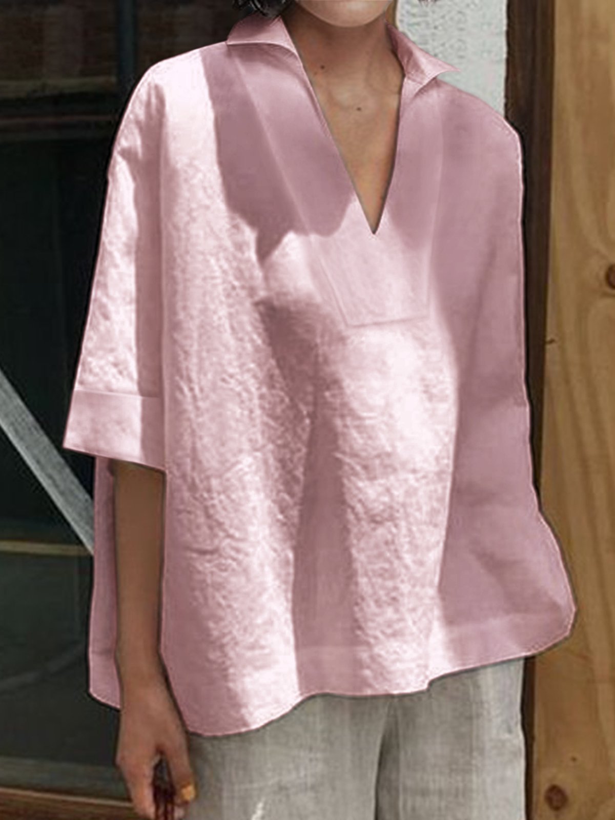 Women's Shirt Blouse Linen Plain Black White Casual Basic V Neck Half Sleeve Linen and Cotton 