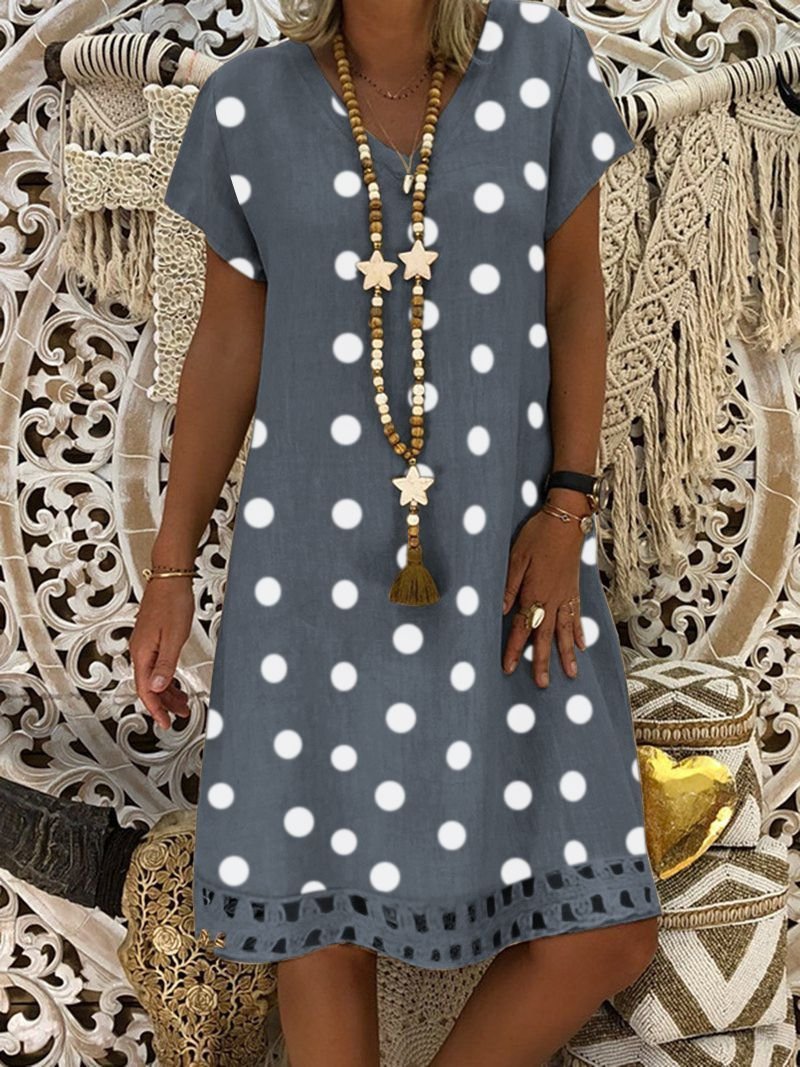 Polka Dots Hollow Out Hem V Neck Short Sleeve Vacation Mini Dress