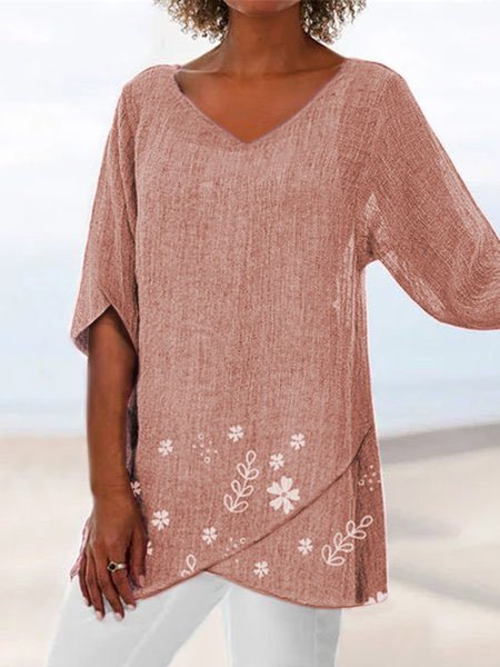 Floral Loose V Neck Asymmetric Hem Plus Size Half sleeve Summer Linen Tunic Top