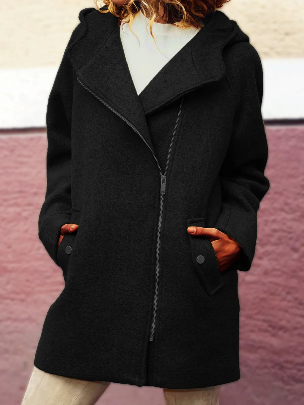 Hooded Asymmetrical Zipper Jacket Plus Size Coat OverCoat | roselinlin