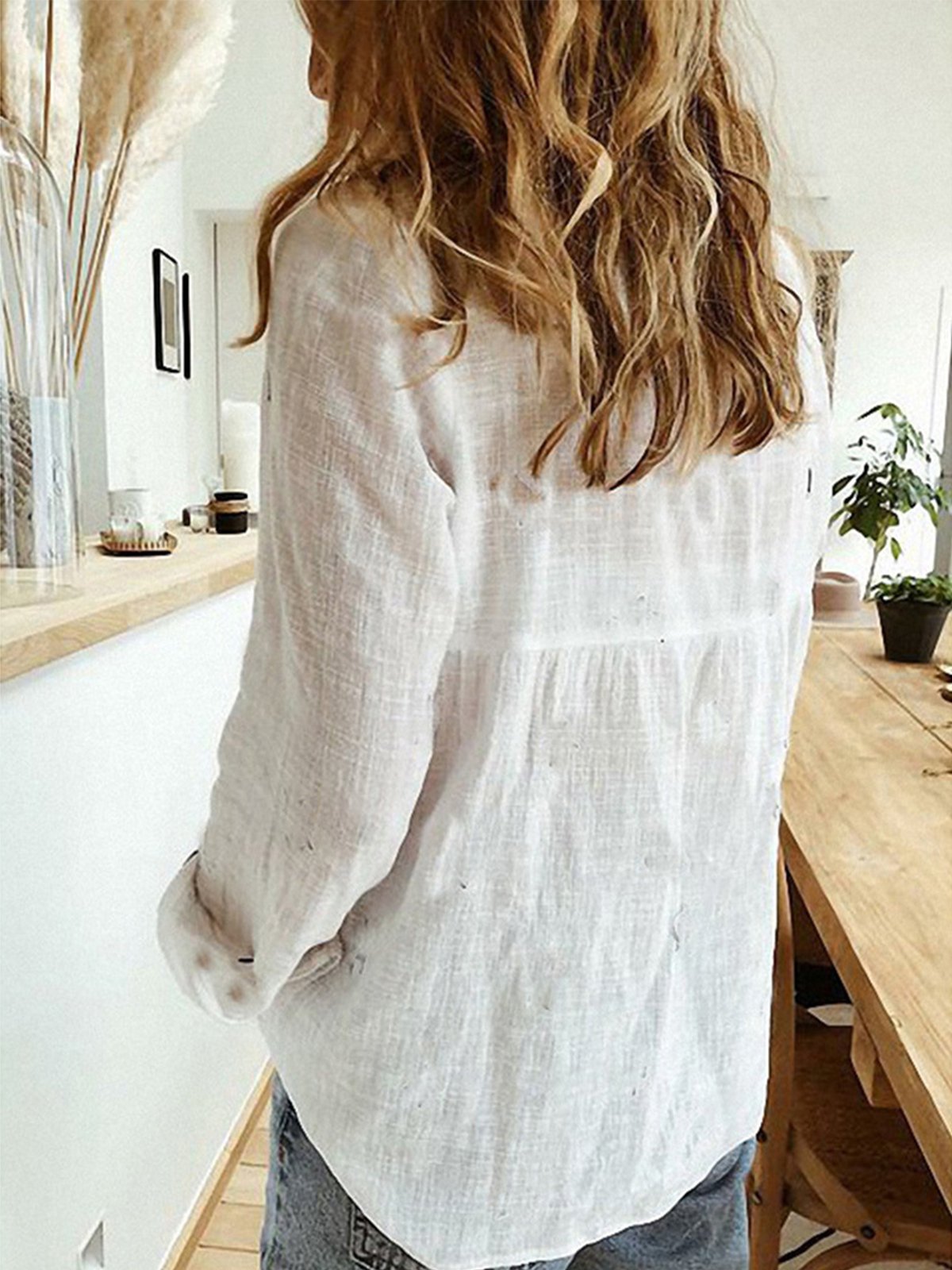 Women's Shirt Blouse Linen Plain Solid Colour Long Sleeve Casual Shirt Collar Regular Fit Spring Fall