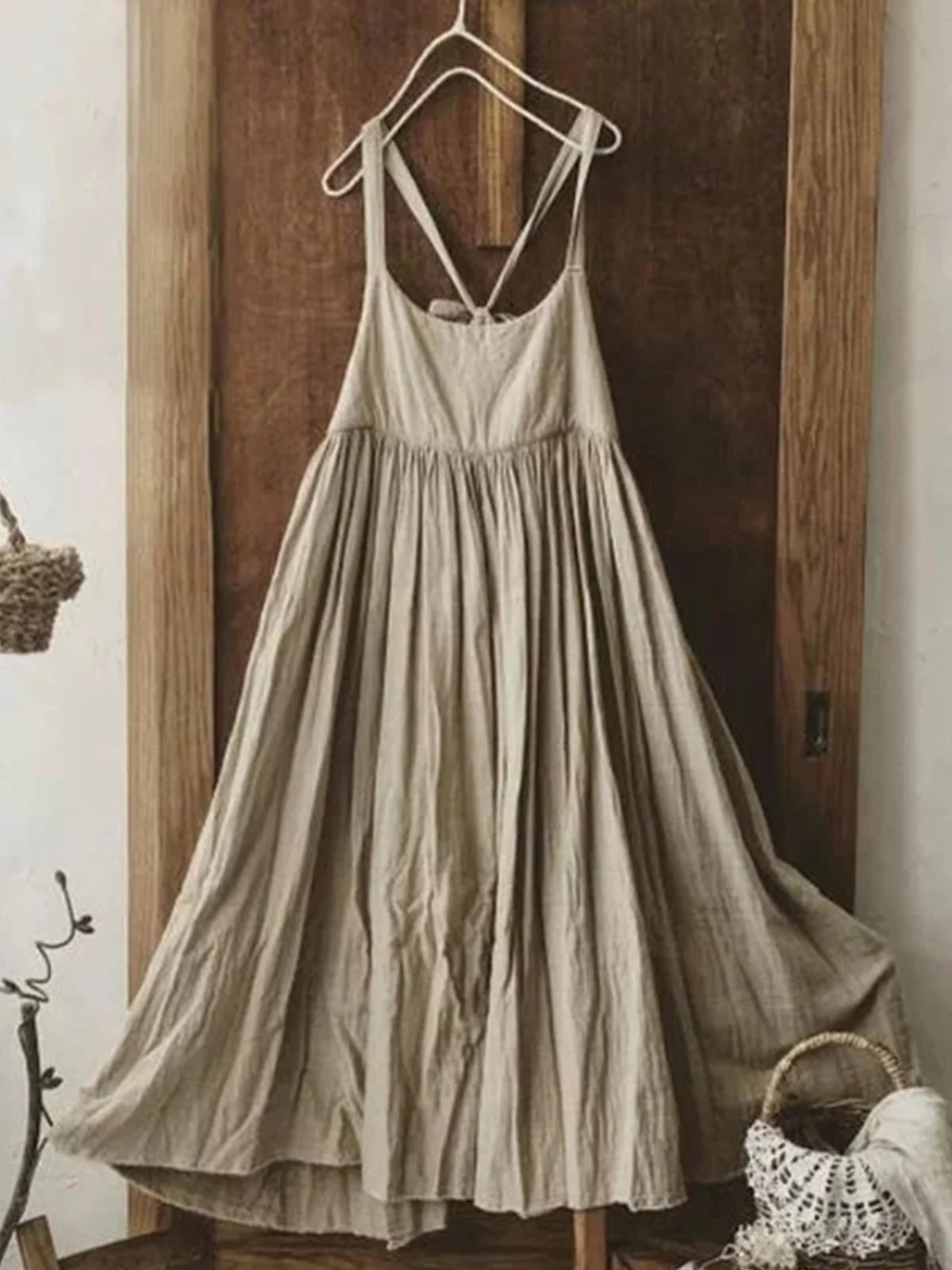 Vintage Plain U-Neck Sleeveless Plus Size Casual Weaving Dress | roselinlin