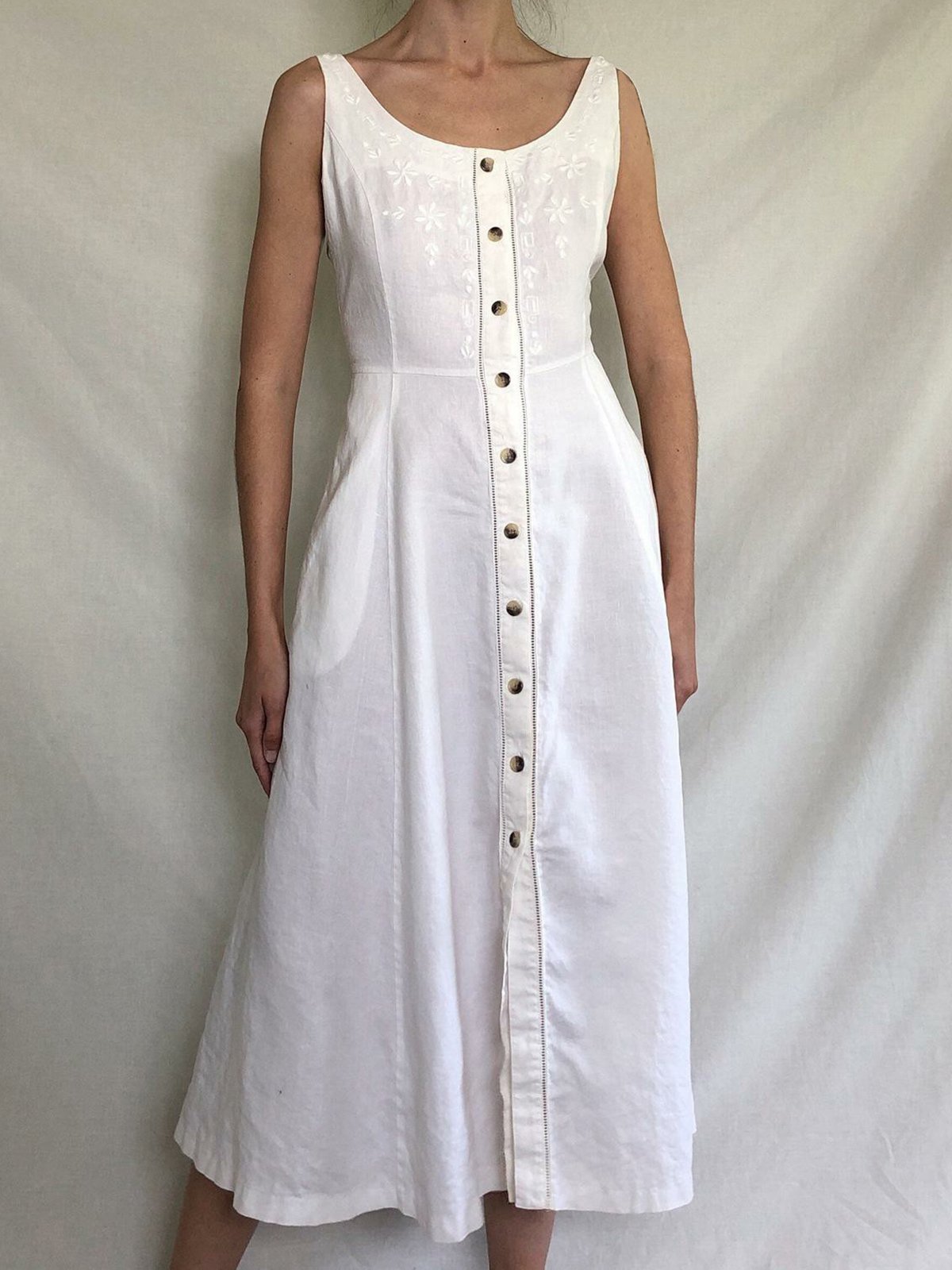Women Caftan Pockets Buttoned Shift Linen Weaving Dress