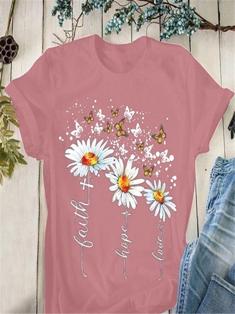 Casual Floral Crew Neck Short Sleeve Top