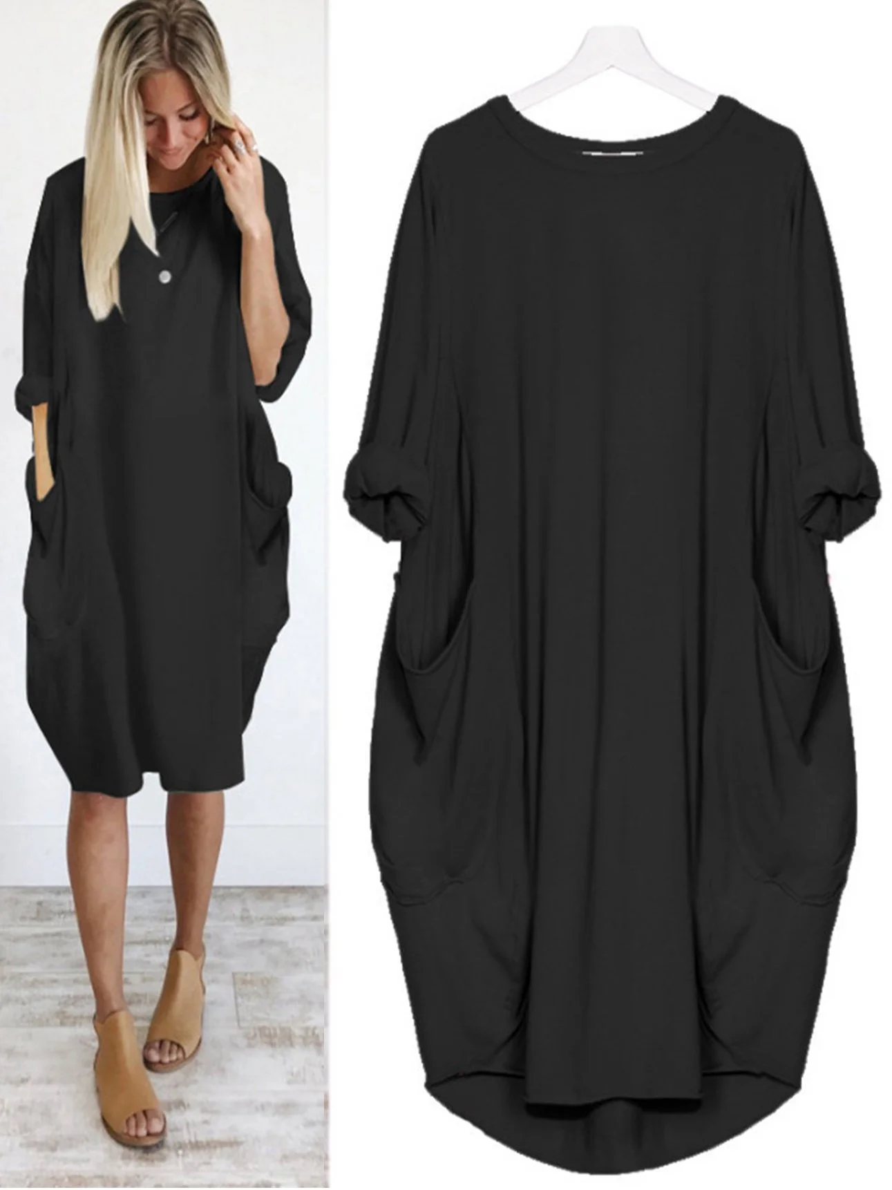 Casual Batwing Long Sleeve Pockets Tunic Dress | roselinlin