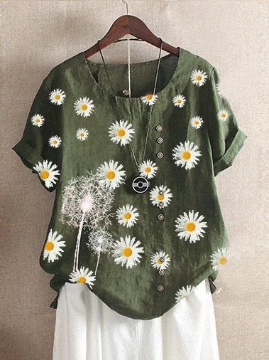 Short Sleeve O-Neck Daisy Printed T-Shirt | roselinlin