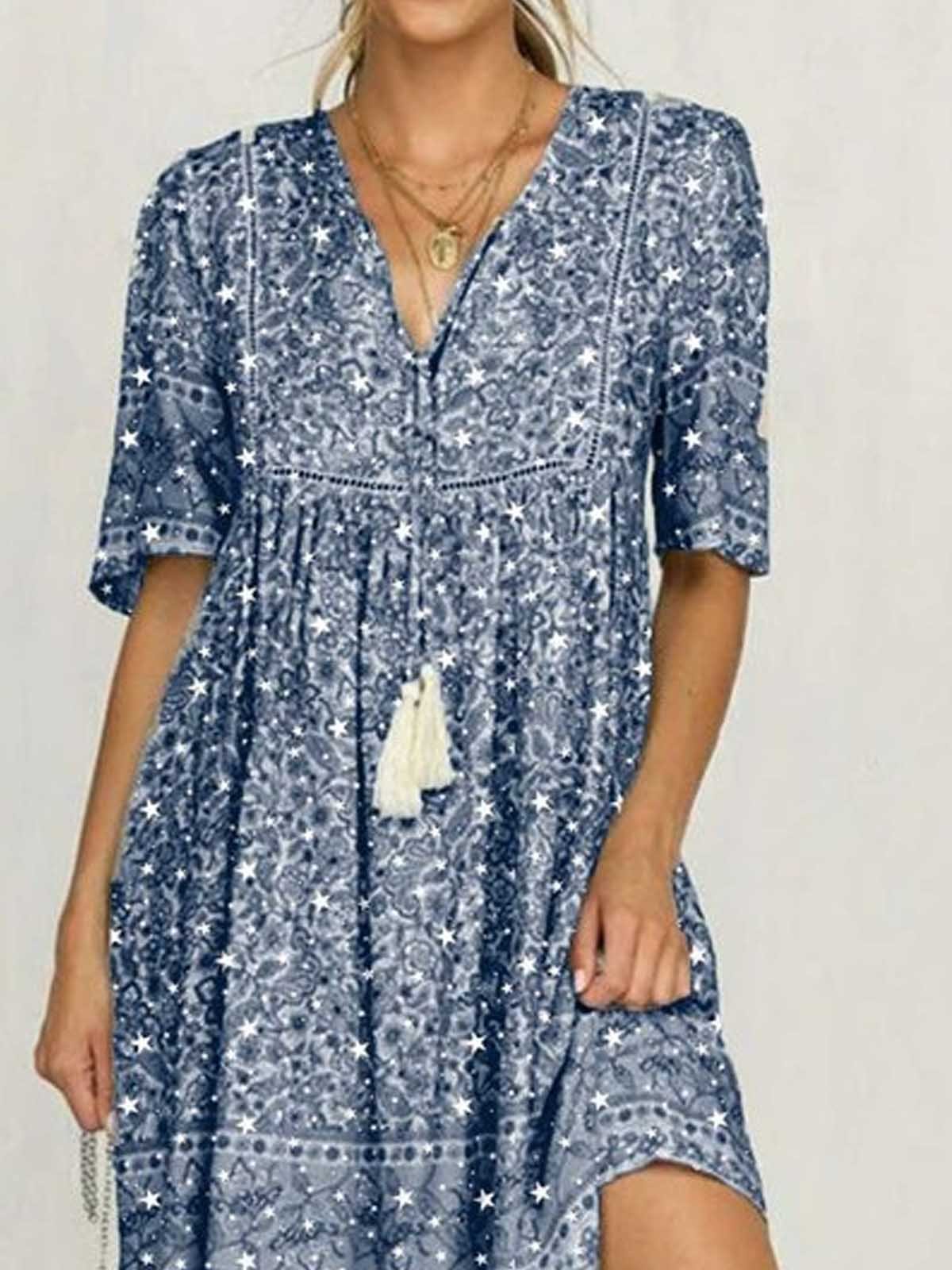 Blue Cotton Printed Short Sleeve Patchwork Dress | roselinlin