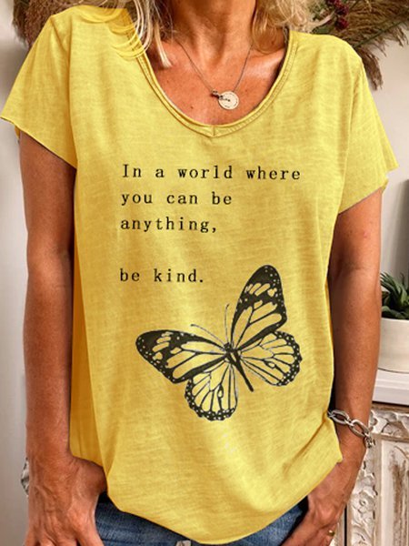 Yellow Casual V Neck Cotton T-shirt