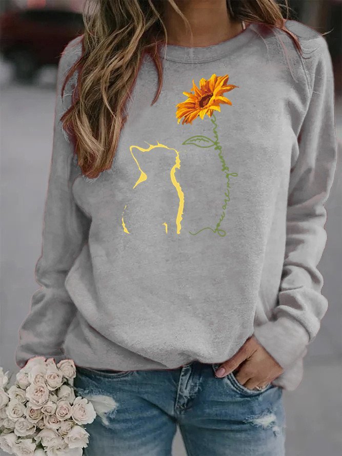 Cat Sunflower Casual Cotton-Blend Printed Long Sleeve Sweatshirt