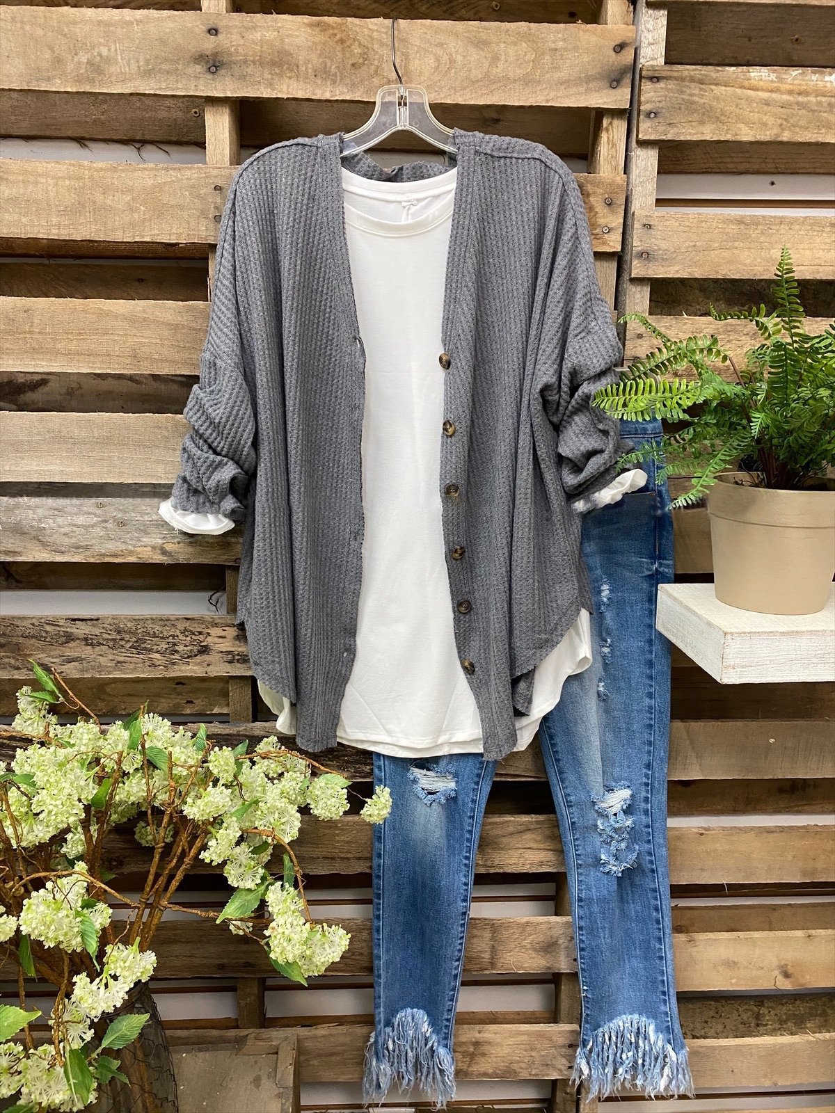 Gray Cotton-Blend Long Sleeve Cardigan