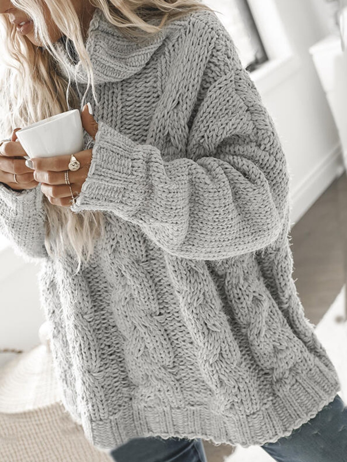 Women Casual Cable Knit Oversized High-Neck Long Sleeve Sweater
