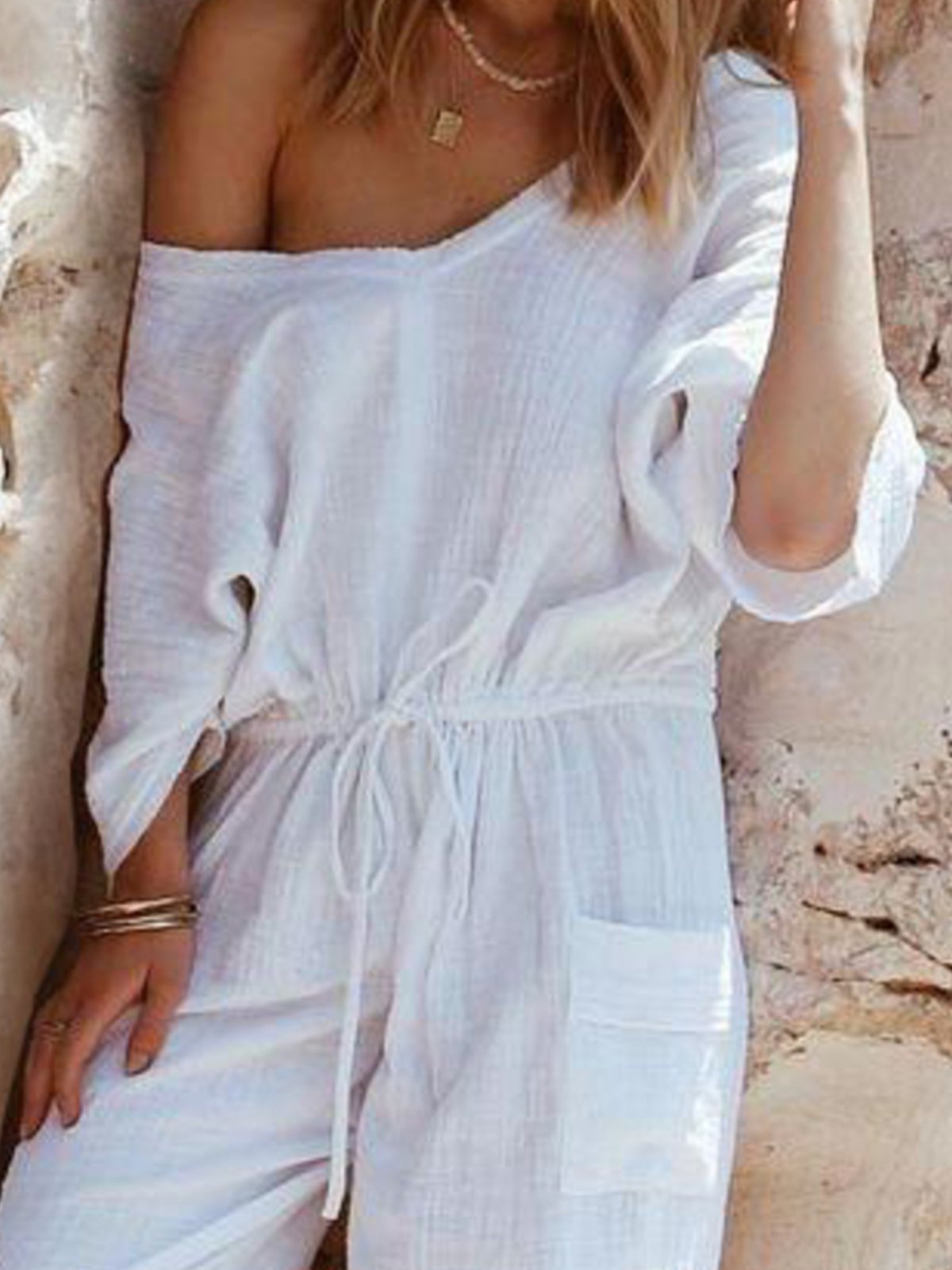 Solid Long Sleeve Cotton Casual Jumpsuit & Romper