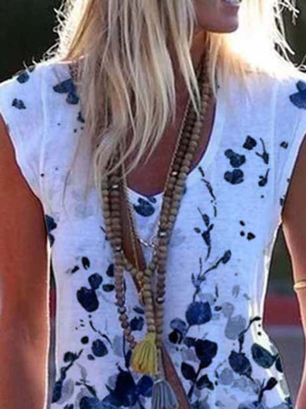 Cotton-Blend Sleeveless Floral-Print Casual Shirts & Tops