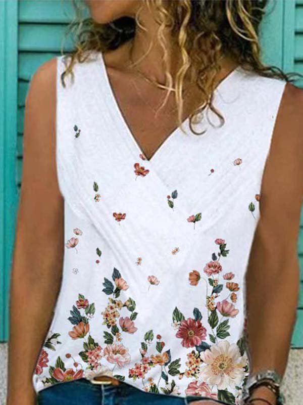 Sleeveless Casual Floral-Print Cotton-Blend Top