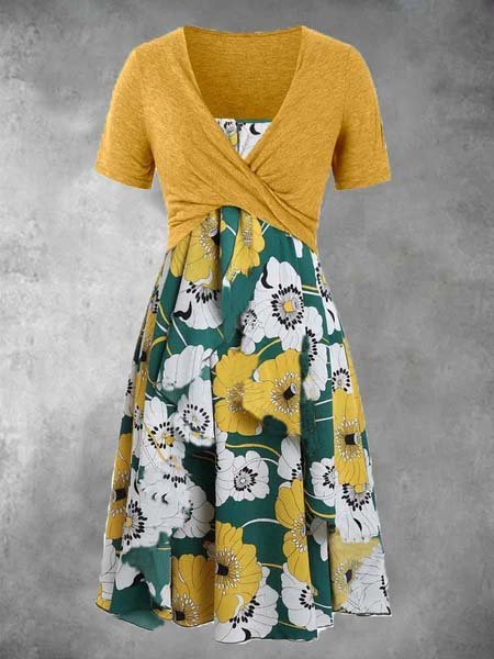Shift V Neck Short Sleeve Cotton-Blend Weaving Dress