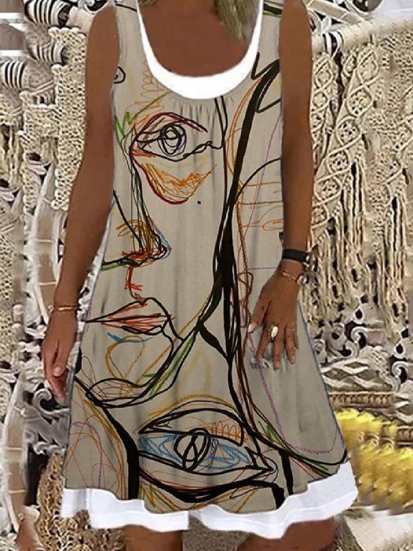 Abstract Printed Sleeveless Cotton-Blend Casual Weaving Dress