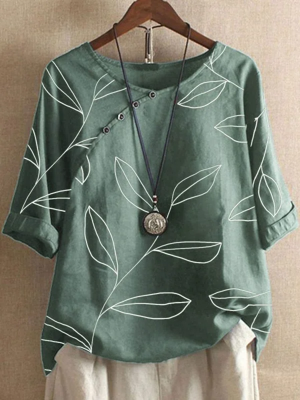 Linen Leaf Print Buttoned Short Sleeve Blouse | roselinlin