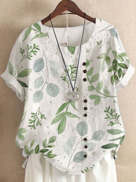 Casual Crew Neck Leaves Buttoned Short Sleeve Blouse